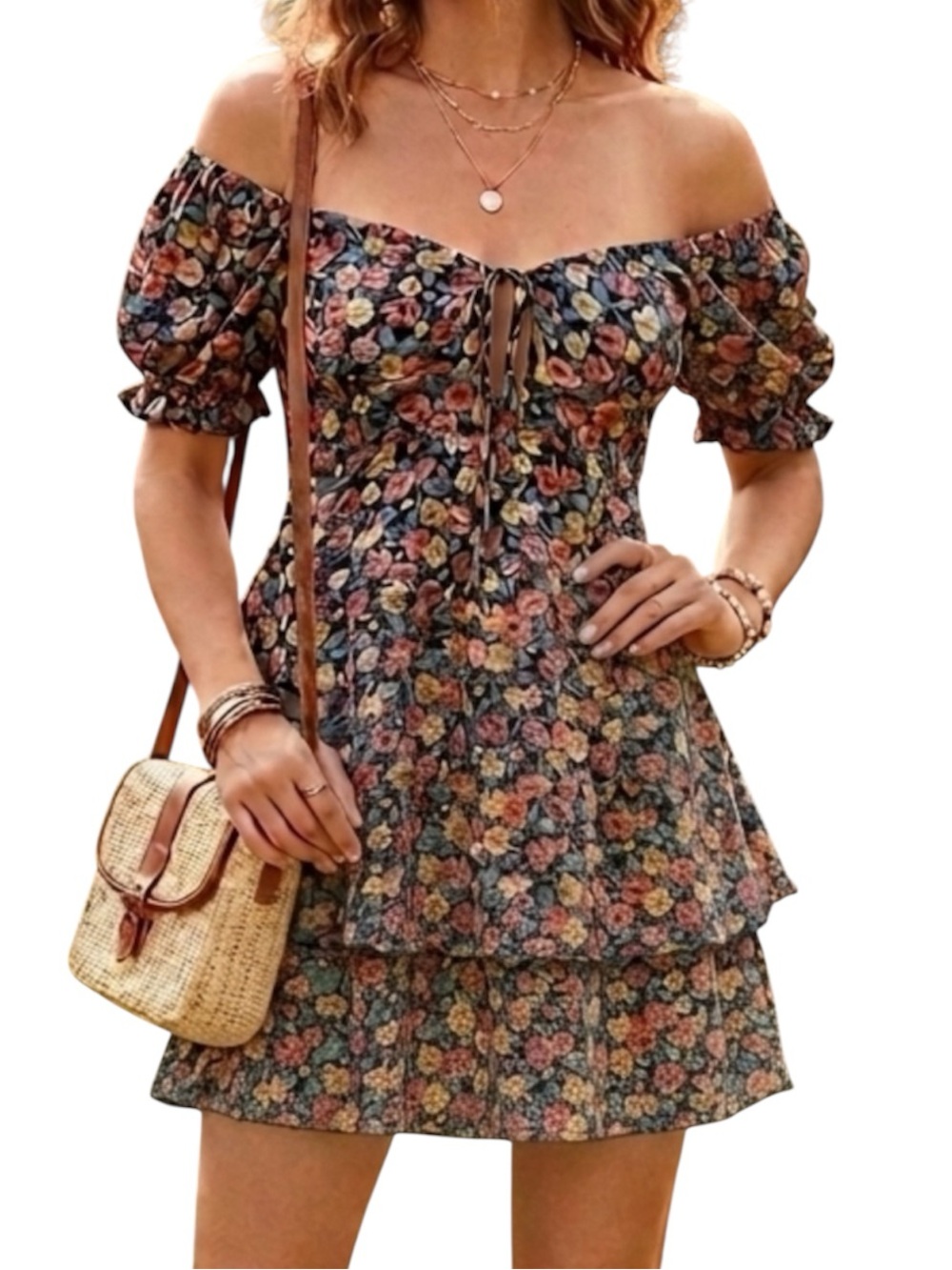 BuddyLove‎ Tammy Floral Smocked Tiered Mini Dress Black Multi CG4750 Large